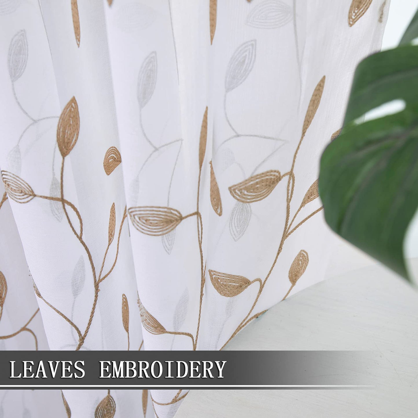 Tollpiz Leaves Sheer Curtains Taupe Leaf Embroidery Bedroom Curtain Rod Pocket Voile Faux Linen Embroidered Leaves Curtains for Living Room, 54 x 63 inches Long, Set of 2 Panels