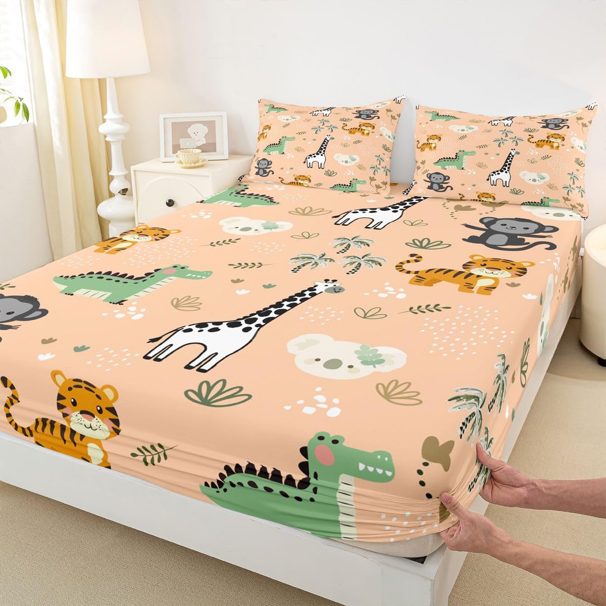 Erosebridal Jungle Animals Sheet Set Full Cute Cartoon Animals Bed Sheets for Kids Boys Girls Safari Flat Fitted Sheet Hunting Wildlife Sheets 3 Pcs