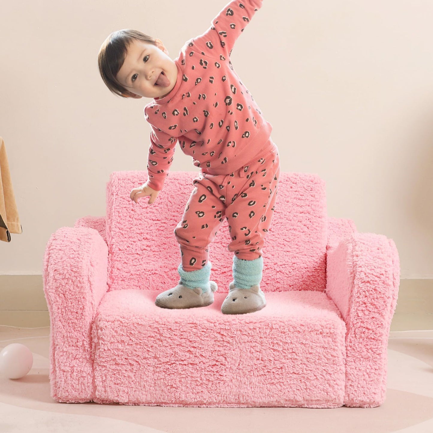MOMCAYWEX Kids Sofa, 2-in-1 Flip-Out Foam Couch with Soft Sherpa Cover, Cozy Play Lounge Chair, Pink