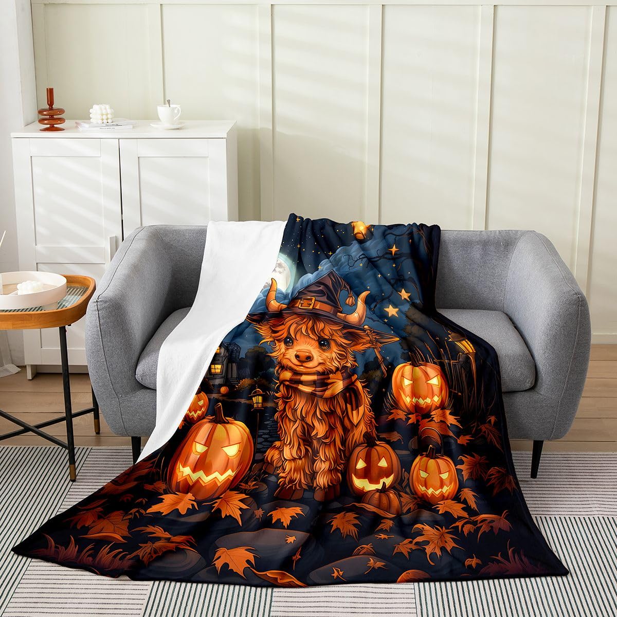Feelyou Highland Cow Fleece Throw Blanket Halloween Themed Flannel Blanket Plush Fuzzy Spooky Pumpkin for Bed Couch Chair Living Room Trick or Treat Throw 50"x60" Cute Bedroom Decor