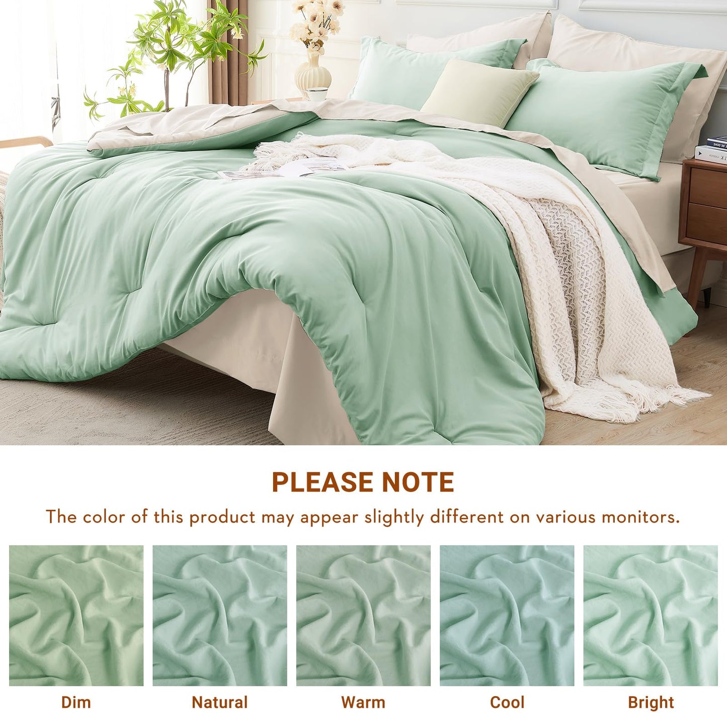 MUXHOMO 7 Pieces King Comforter Set, Soft Bed in a Bag King Size, All Season Bedding Set with Comforter, Flat Sheet, Fitted Sheet, Pillowcases & Shams, Sage Green & Beige