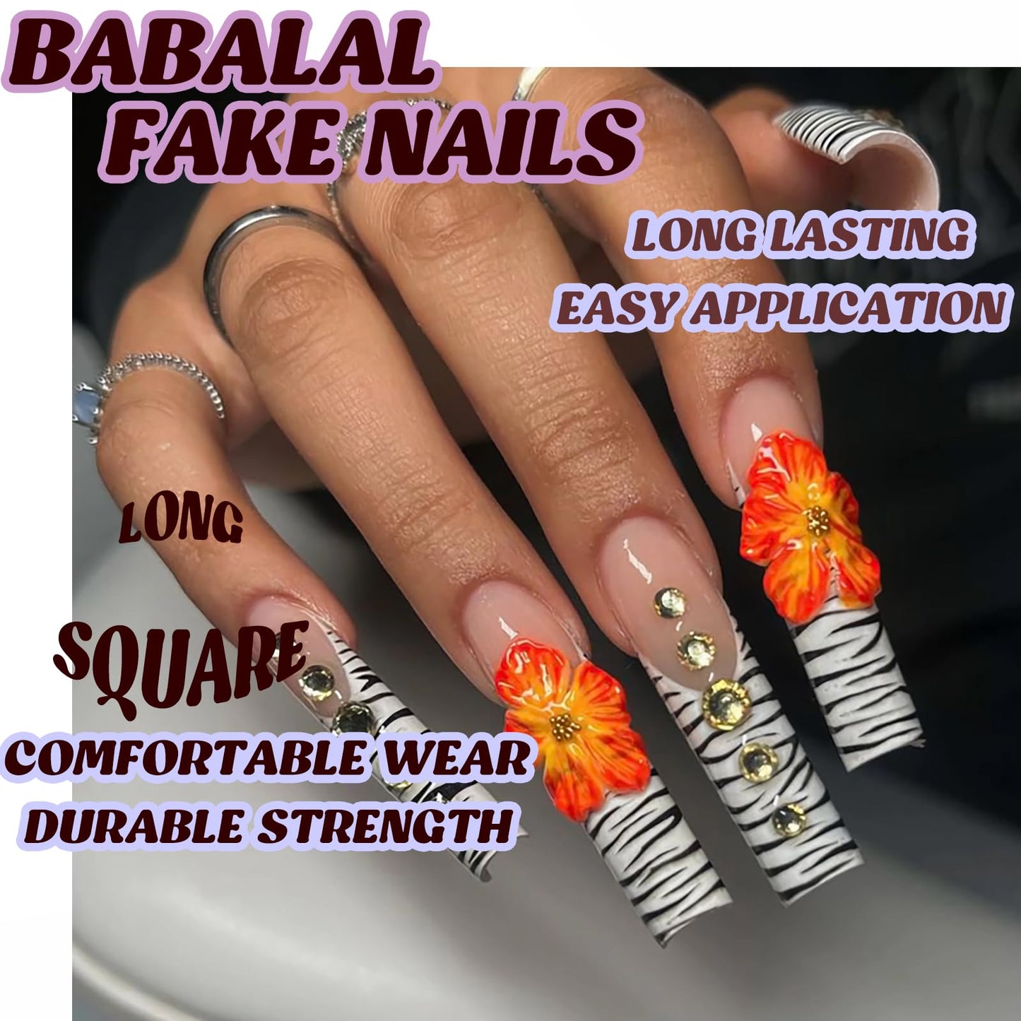 BABALAL Press on Nails Long Square Fake Nails Y2k Zebra White French Tip Glue ons 3D Texture Orange Flower Handmade Supplies with Rhinestone Luxury 24Pcs Wild Fall Glossy Full Cover False Nails