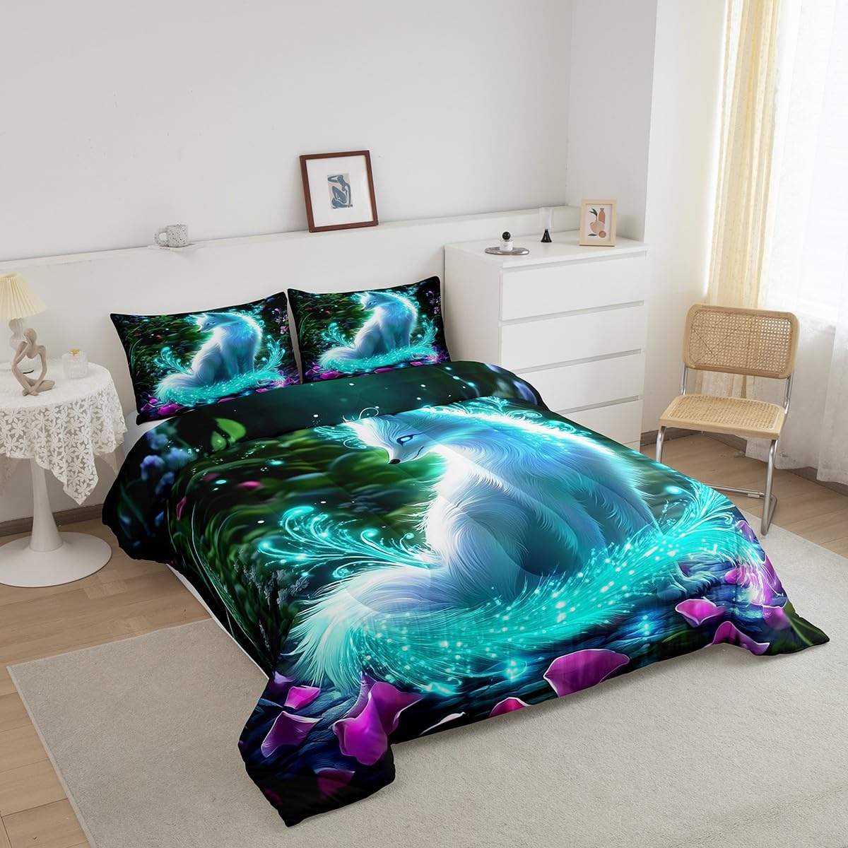 Feelyou Fox Comforter Set Twin Size Kids Cute Cartoon Fox Bedding Set for Boys Girls Teens Glitter Animal Comforter Breathable Woodland Fox Duvet Set Nature Wildlife Quilt Set