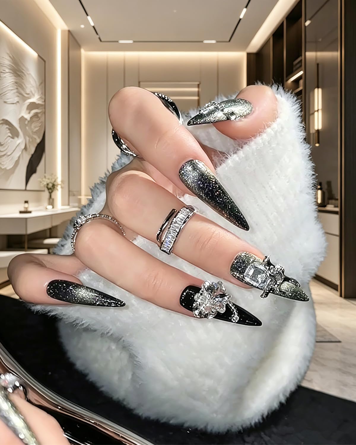 CAMILCY Handmade Luxury Press On Nails Black Silver Gradient Cat Eye Fake Nails Rhinestone 3D Charms Long Stiletto Glitter Acrylic Nail Tips Quality Reusable Gothic False Nails for Women (B03, M)