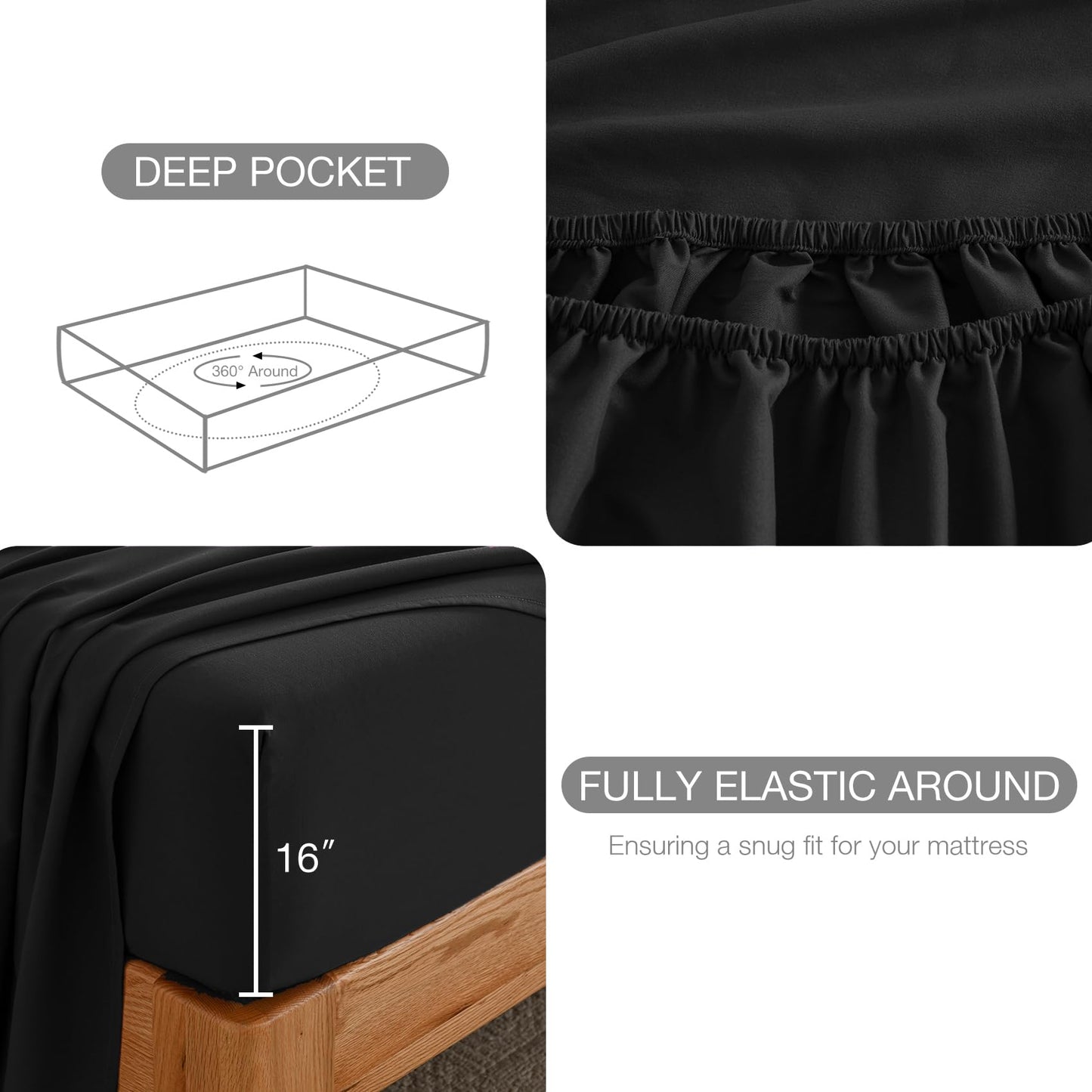 Yibeizi Black Sheet Set Full Size, Kids Bedsheets Microfiber Deep Pocket Cute Bed Sheet & Pillowcase Sets 4 Pieces