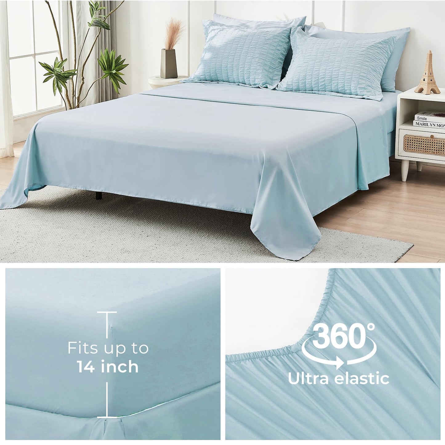 HYMOKEGE Lake Blue Oversized Queen Comforter Set Seersucker 7 Pieces, All Season Luxury Bed in a Bag for Bedroom, Bedding Set with Comforter, Sheets, Pillowcases & Shams