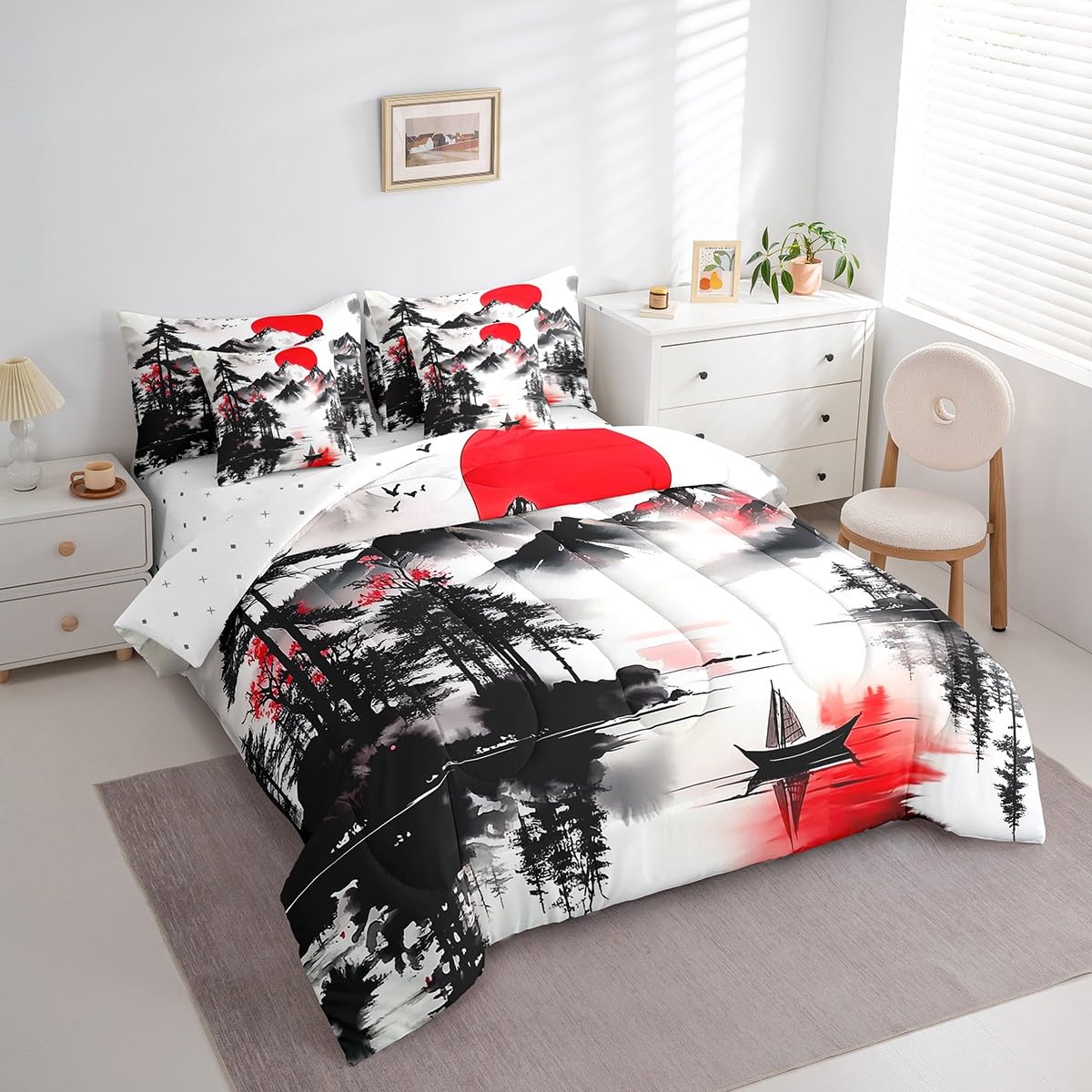 Erosebridal Oriental Style Queen Comforter Set 7 Piece,Rustic Mountain Themed Bedding Set with Sheets,Red and Black Aesthetic Bed Set Nature Scene Bed in a Bag with Fitted+Flat Sheet,Pillowcases