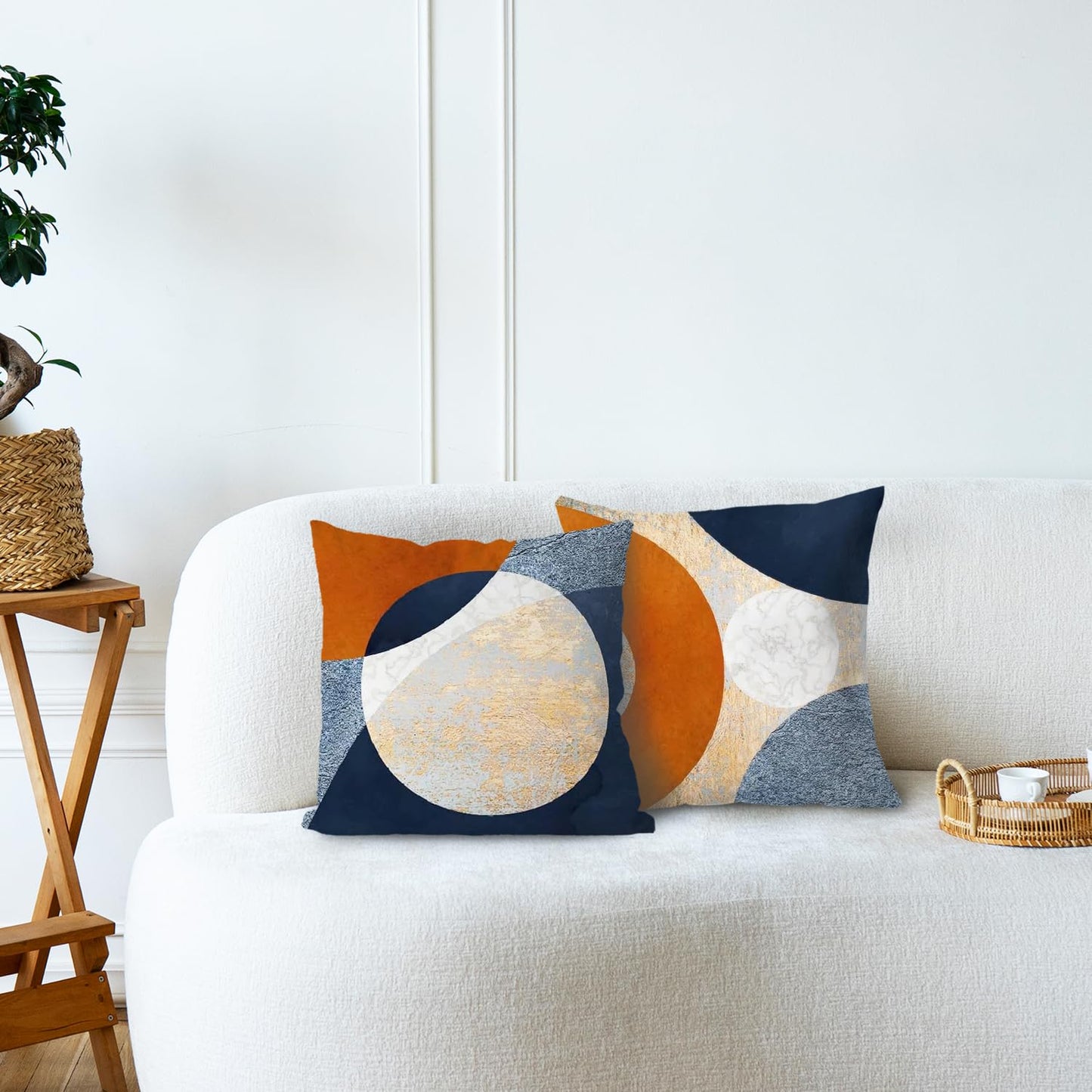 Supwhd Abstract Modern Boho Pillow Covers 18x18 Set of 2, Navy Blue Orange Gold Textured Circles Decorative Pillow Covers for Bedroom Living Room, Modern Home Decor