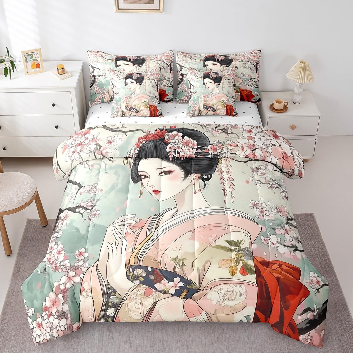 Feelyou Japanese Geisha Girl Comforter Set Twin Size 7 Pieces Cherry Blossoms Bedding Set Japanese Style Japanese Tradition Aesthetic Bed in a Bag with Comforter, Sheets, Pillowcases & Cushion Cover