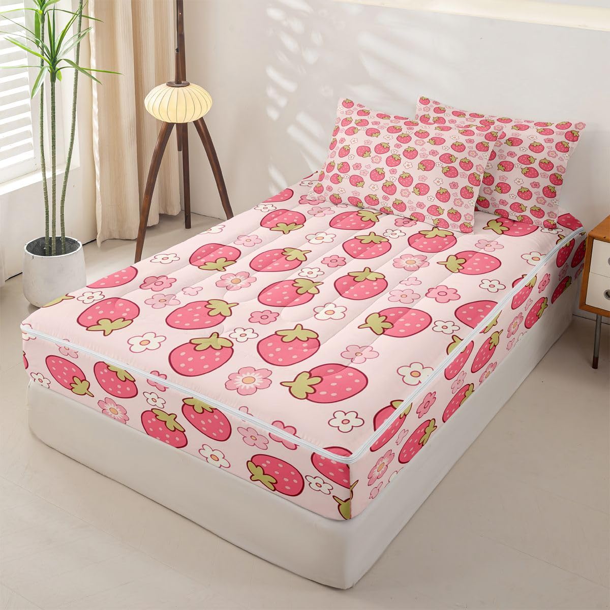 Erosebridal Kawaii Strawberry Zippered Comforter Set Girly Floral Zipper Bedding Set Twin Size Japanese Style Bed in a Bag Cute Cartoon Fruit Food Comforter with Sheets