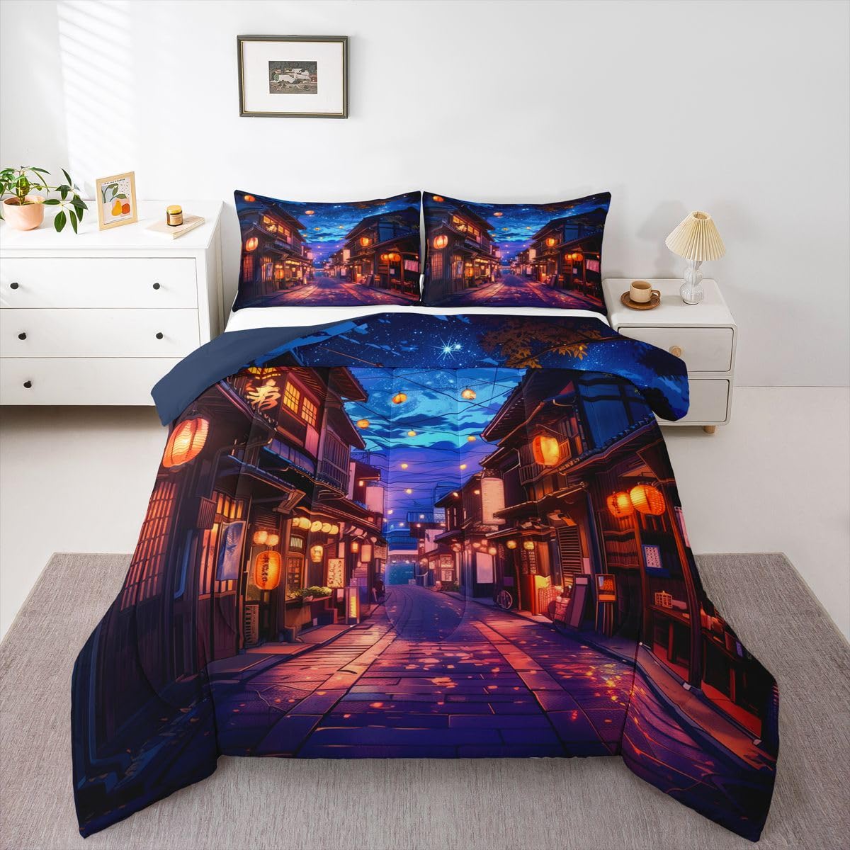 jejeloiu Japanese Kids Comforter Set Toddler Size Anime Street Bedding Set Tokyo Duvet Quilt for Kids Boys Girls Bedroom Decor Microfiber Ultra Soft Breathable