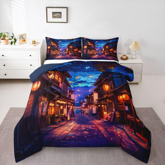 jejeloiu Japanese Kids Comforter Set Toddler Size Anime Street Bedding Set Tokyo Duvet Quilt for Kids Boys Girls Bedroom Decor Microfiber Ultra Soft Breathable