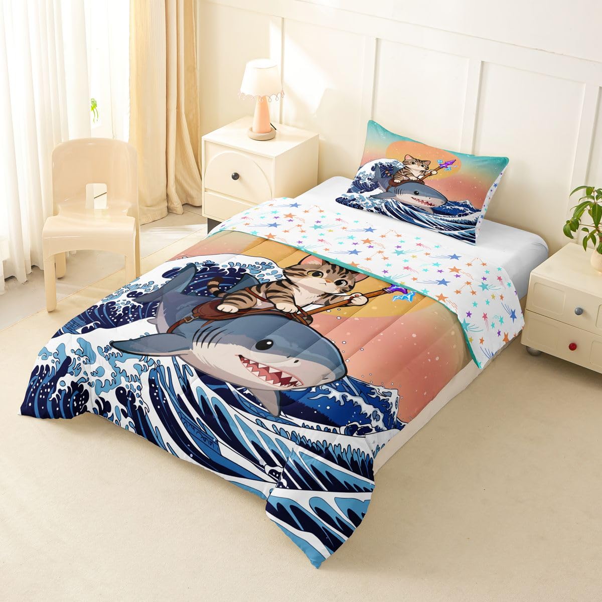 Erosebridal Kawaii Cute Cat Comforter Set Under Sea Shark Japanese Girl Toddler Bedding Set for Kids Teens Child Blue Ocean Waves Ukiyoe Comforter Gradient Sunset Sky Quilt