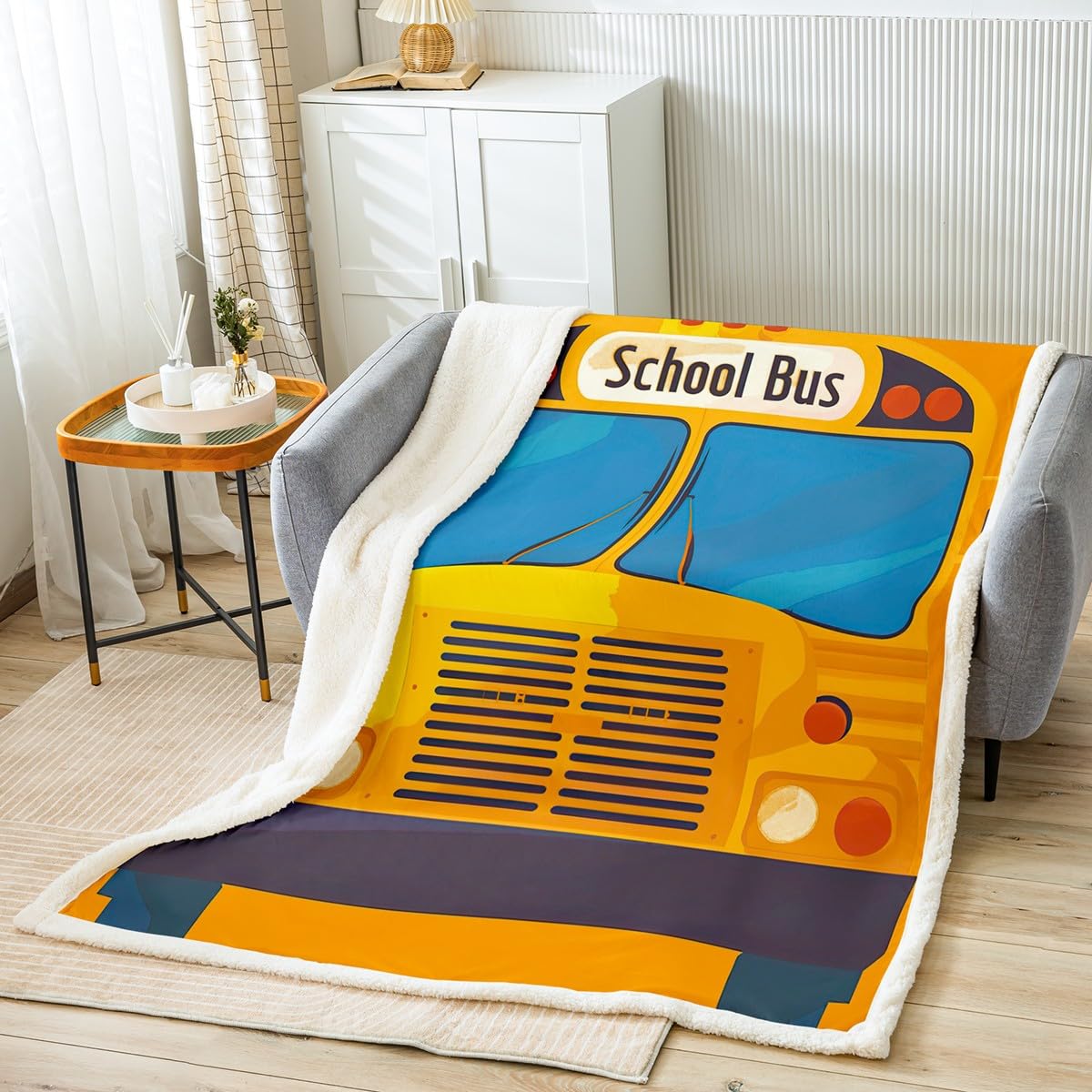 Feelyou School Bus Fleece Throw Blanket Bus Pattern Sherpa Blanket for Kids Boys Vehicles Truck Car Girls Plush Blanket Durable Fuzzy Blanket for Sofa Bed Couch Yellow,Baby 30x40 Inches