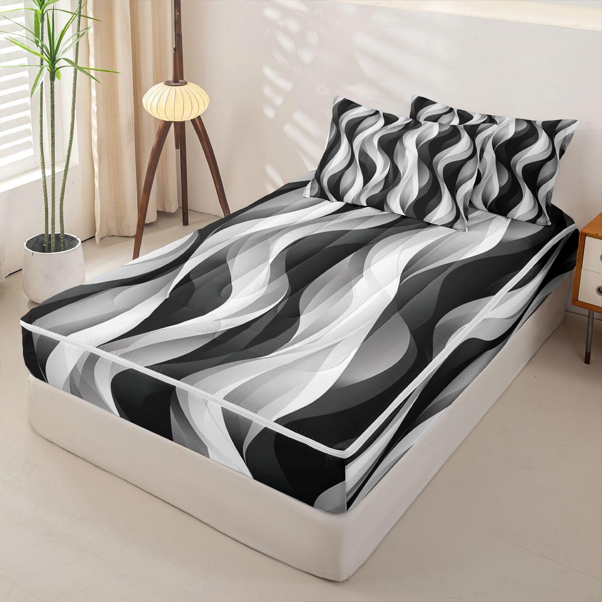 Erosebridal Modern Grey Black and White Striped Zipper Bedding for Adult Women Men - Gray and White Twin Size Comforter Set Graffiti Lines Sheets and Pillowcases Abstarct Modern Zipper Bedding Set