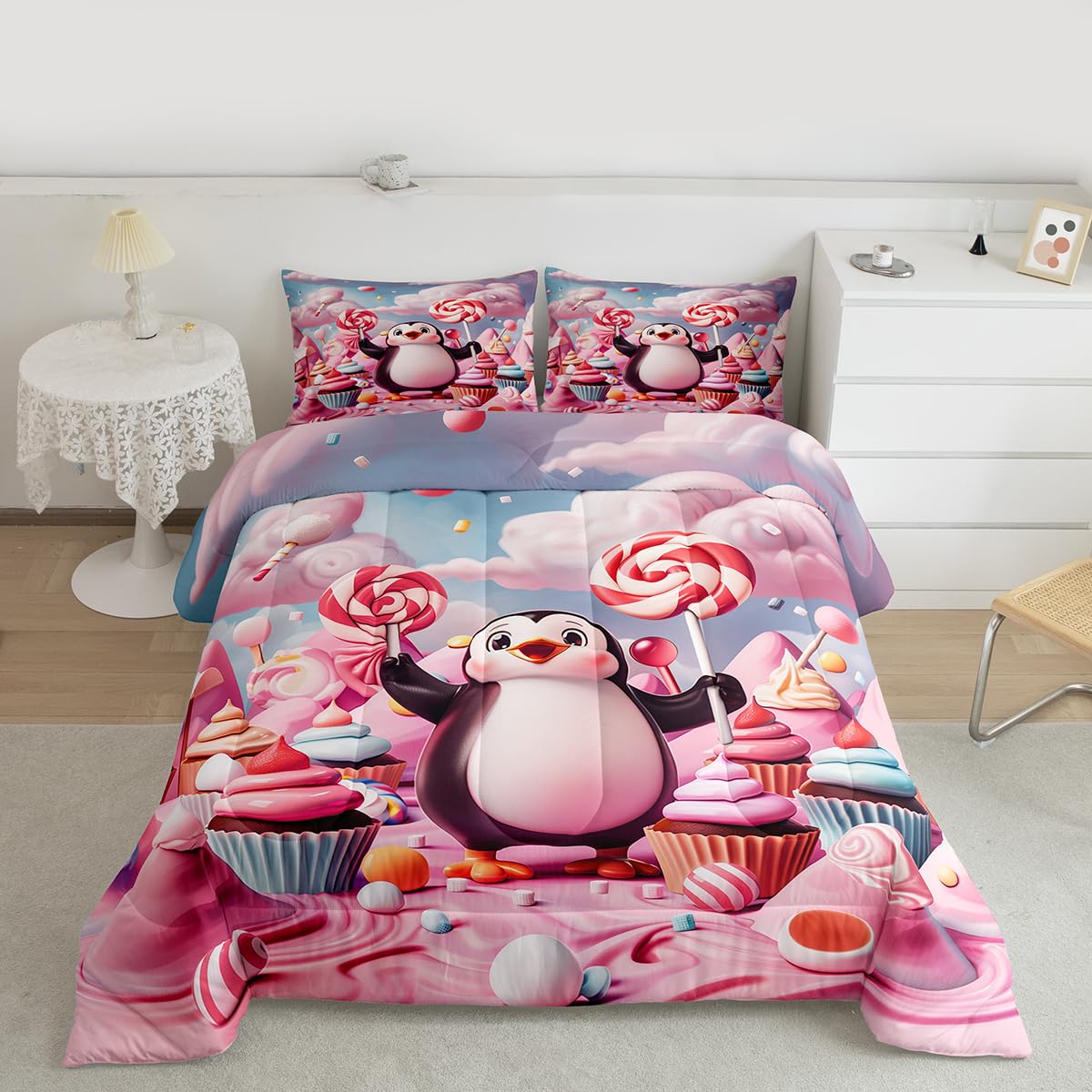 Erosebridal Funny Penguin Bedding Set Queen Antarctic Animal Theme Comforter Set for Kids Boys Girls Cartoon Penguin Down Comforter,Dessert Candy Quilt Duvet
