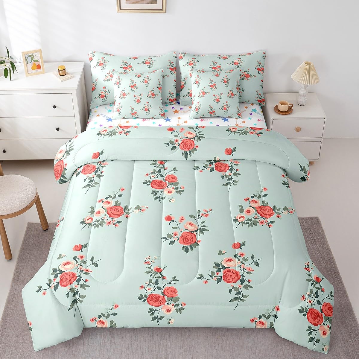 jejeloiu Kids Cute Rose Comforter Set 7 Pieces Full Size Flower Floral Bedding Set for Boys Girls Nature Spring Bed Set Bed in a Bag with Comforter, Sheets, Pillowcases & Cushion Covers