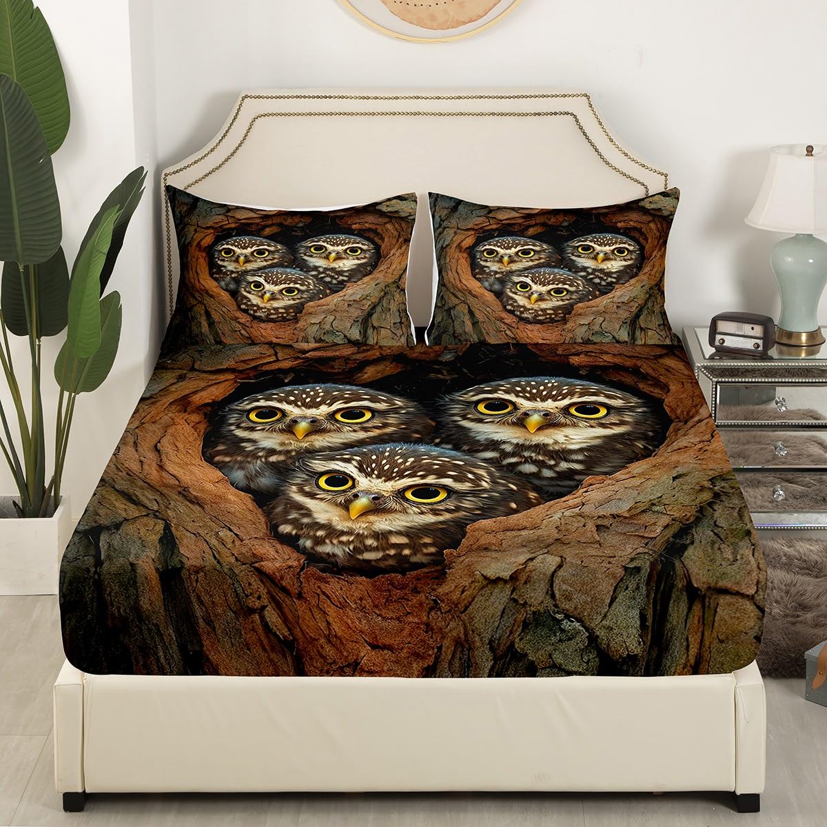 jejeloiu Owl Bed Sheets Set for Kids Boys Girls Twin Size Amazing Owl Fitted Sheet 3D Animal Printed Bedding Set Bird Decor Bed Cover Room Decor