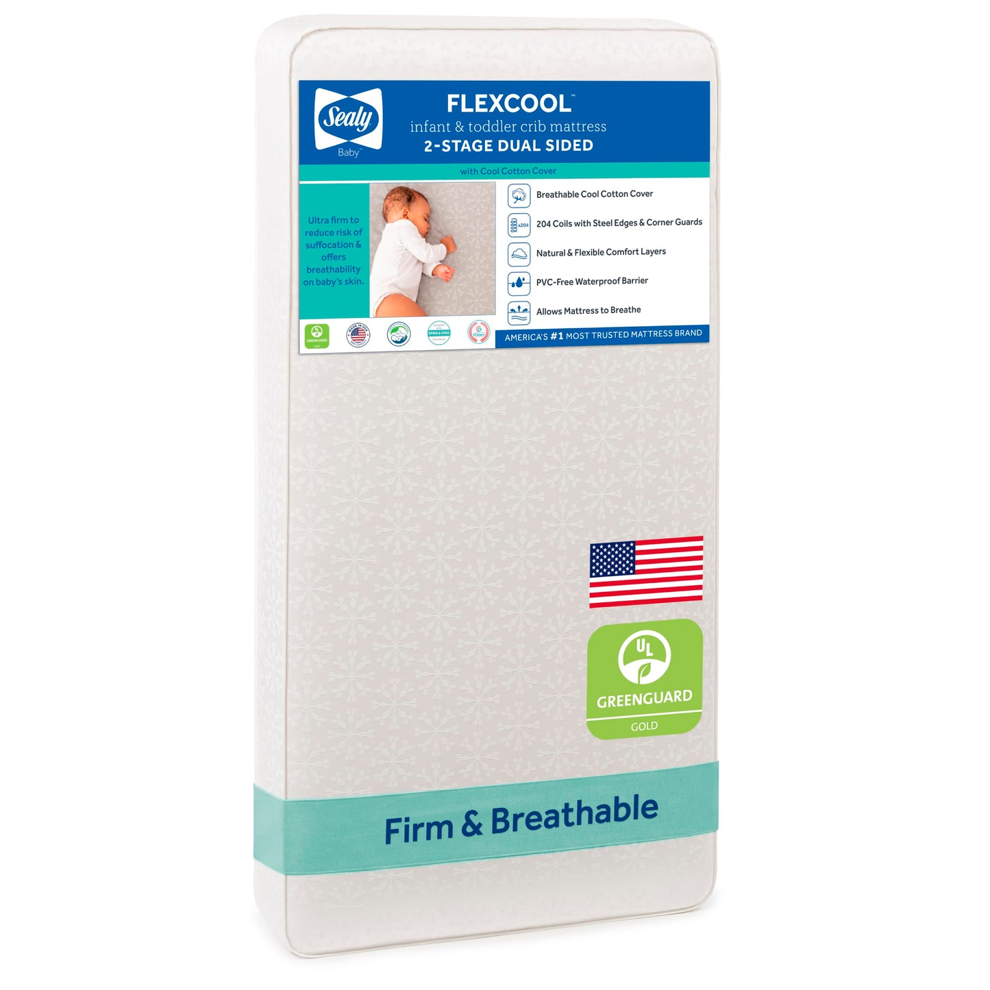 Sealy Baby Flex Cool 2 Stage Crib Mattress and Toddler Bed Mattress, Breathable Hybrid Coil Design, Waterproof Cotton Surface, GREENGUARD GOLD Certified, Standard 52x28 Size
