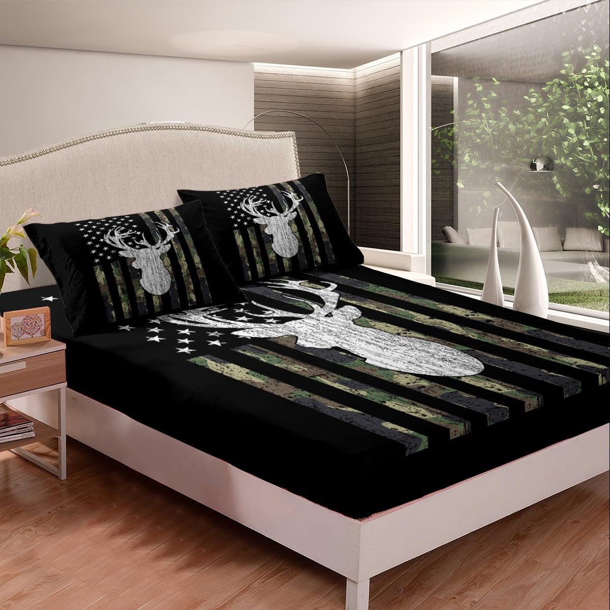 American Flag Sheet Set Deer Hunting Camo Bedding Set Military Camouflage Bed Sheets King for Kids Boys Teens Man,Western Rustic Farmhouse Stars Stripes Fitted Sheet Army Green Flat Sheet 3 Piece
