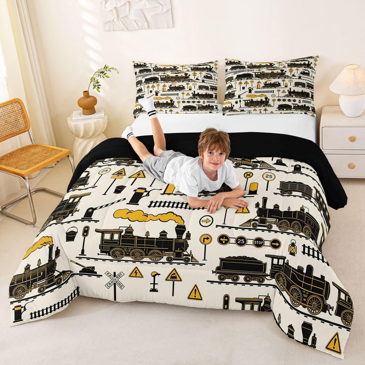 Erosebridal Cartoon Steam Train Kids Comforter Sets Funny Train Full Bedding Set for Boys Girls Retro Transport Vehicle Comforter Set Steampunk Railway Aesthetic Quilt Duvet 3 Pcs