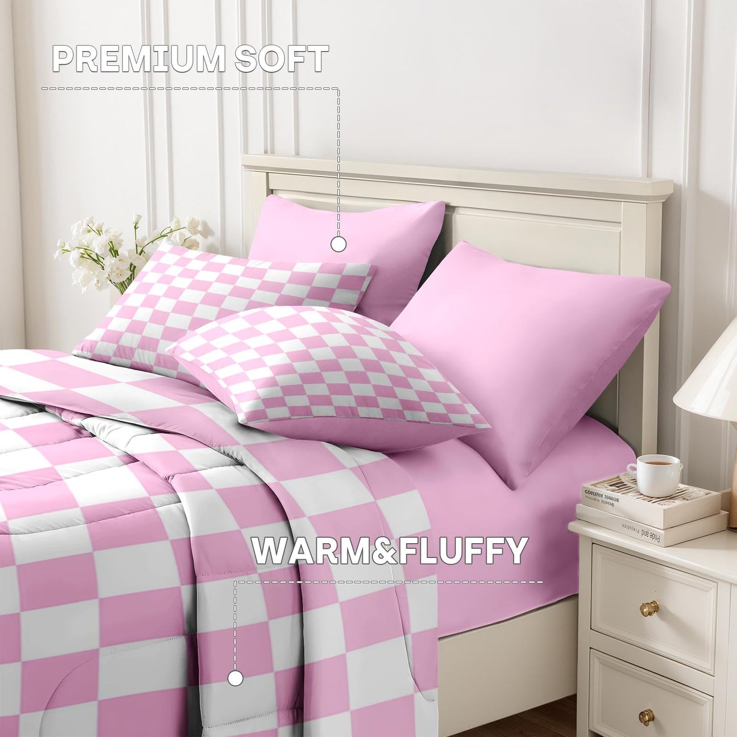 Nesker Comforter Set King Size, Light Pink Plaid Gingham 7 Pcs Bedding for Kids and Adults, Checkerboard Grid Bed Sheet Sets with Fitted Sheet 2 Pillowcases & 2 Shams