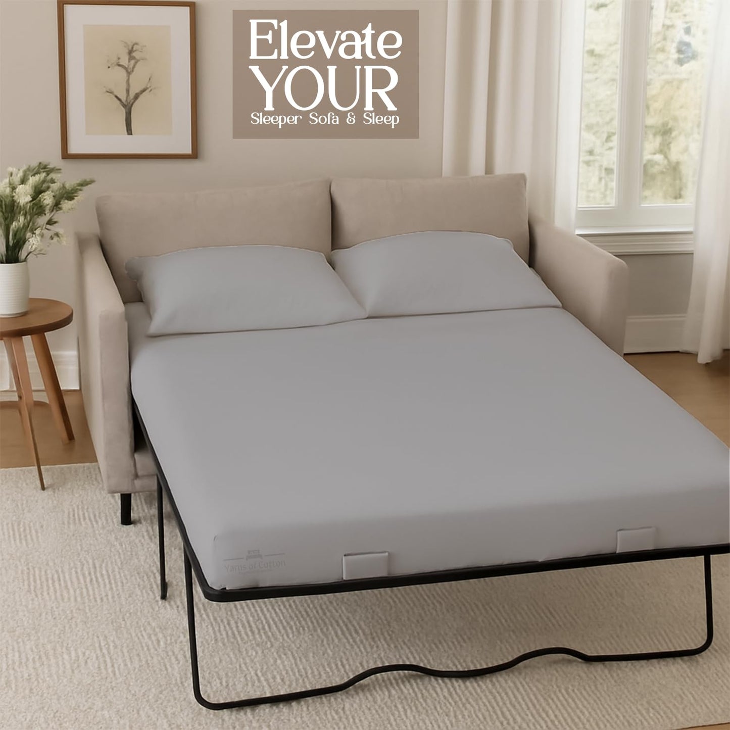 Sleeper Sofa Bed Sheet, 100% Cotton 400 Thread Count, 4 Piece Set, Deep Pocket Fitted Sheet, Soft Wrinkle Free & Breathable, Luxury Hotel Quality, Fits Up to 6 Inch Mattress (Full, Light Grey)