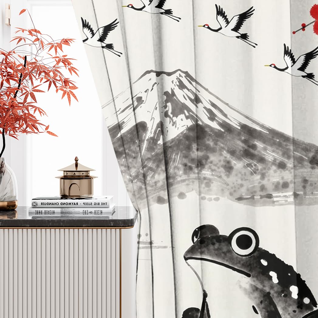 KuracleGH Rustic Japanese Animal Frog Blackout Curtains,Retro Ink Mount Fuji Crane Curtains with Grommets,Aesthetic Red Sun Cherry Blossom Drapes for Living Room Windows,2pcs,Each 21“W x 45”L