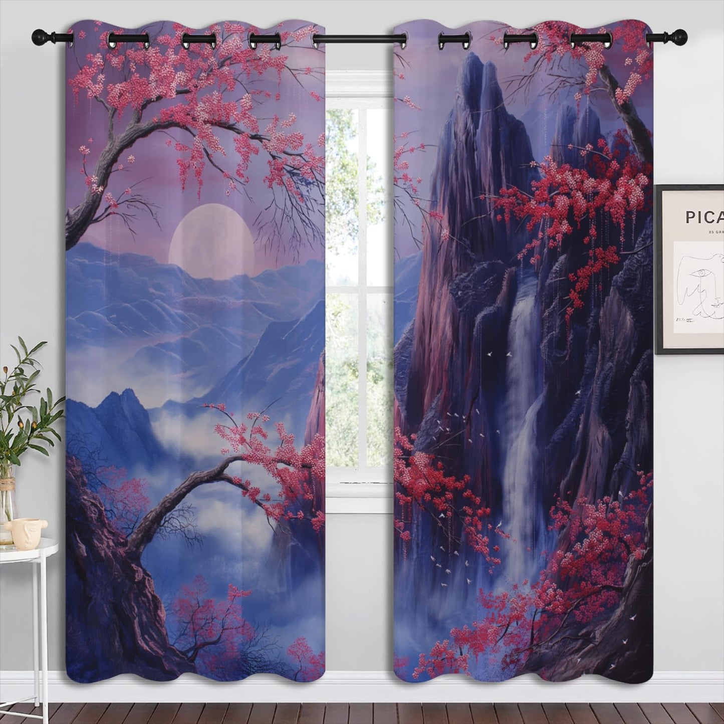 Asian Blackout Curtains for Boys Girl Bedroom Home Decor,Japanese Anime Style Mountain Falls Red Plum Landscape Painting Thermal Insulated Grommet Darkening Living Room Window Drapes, 72 x 63 inch