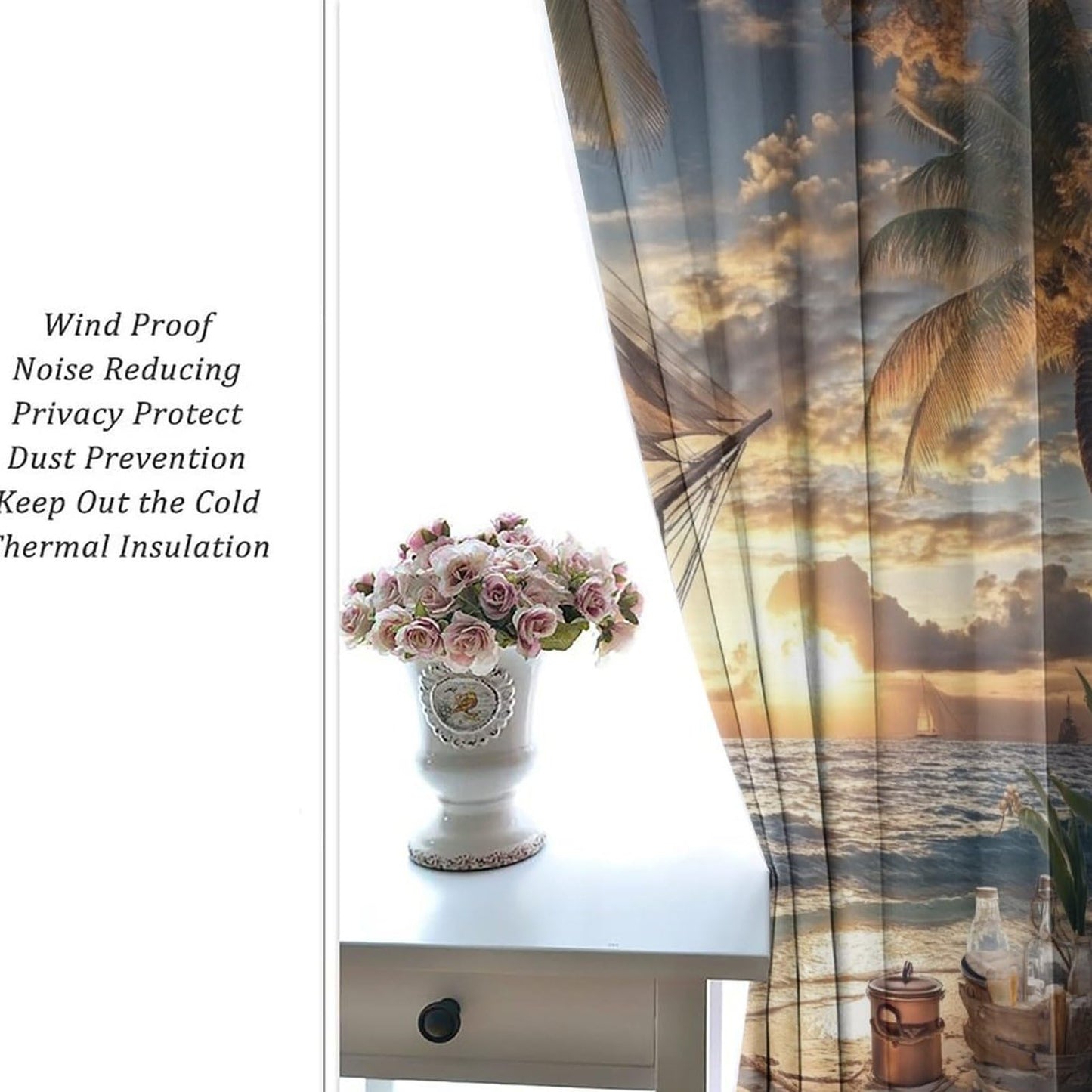 TOWINSFB Nautical Pirate Ship Blackout Curtains for Bedroom/Living Room, Retro Sunset Ocean Sailboat Grommet Curtains Thermal Insulated Window Drapes, 2 Panels, Each 21W x 45L