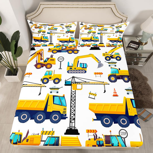 Erosebridal Kids Construction Bed Sheets Twin Excavator Truck Fitted Sheet for Boys Tractor Vehicle Toddler Bedding Sheets Cartoon Car Bed Set Yellow Blue 1 Pillow Case Child Room Decor