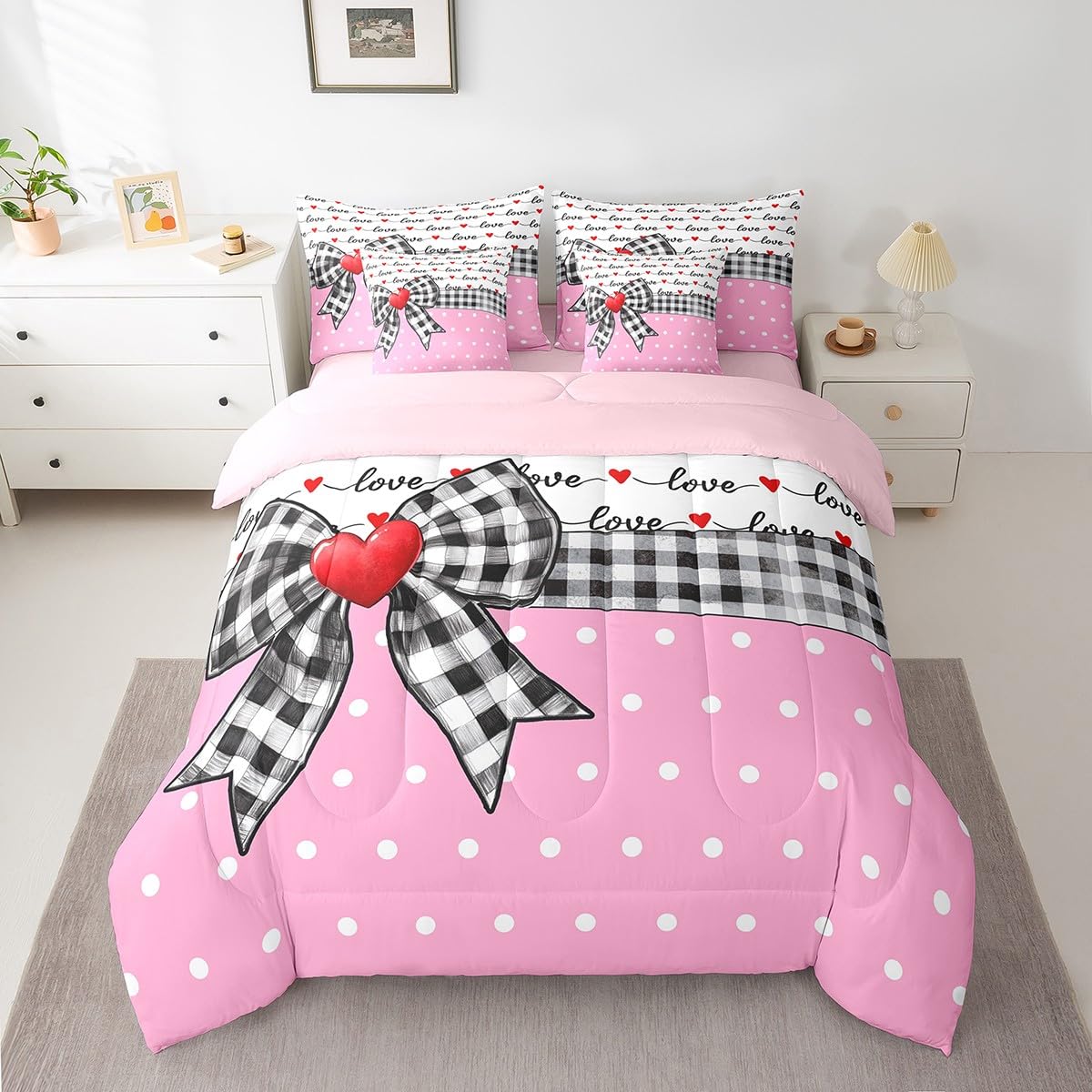 Erosebridal 7 Piece Valentine Bowknot Kids Comforter Set for Girls,Love Heart Shaped King Bedding Set for Girlfriend,Dreamy Princess Style Bed Set,Buffalo Plaid Grid Polka Dots Duvet Insert