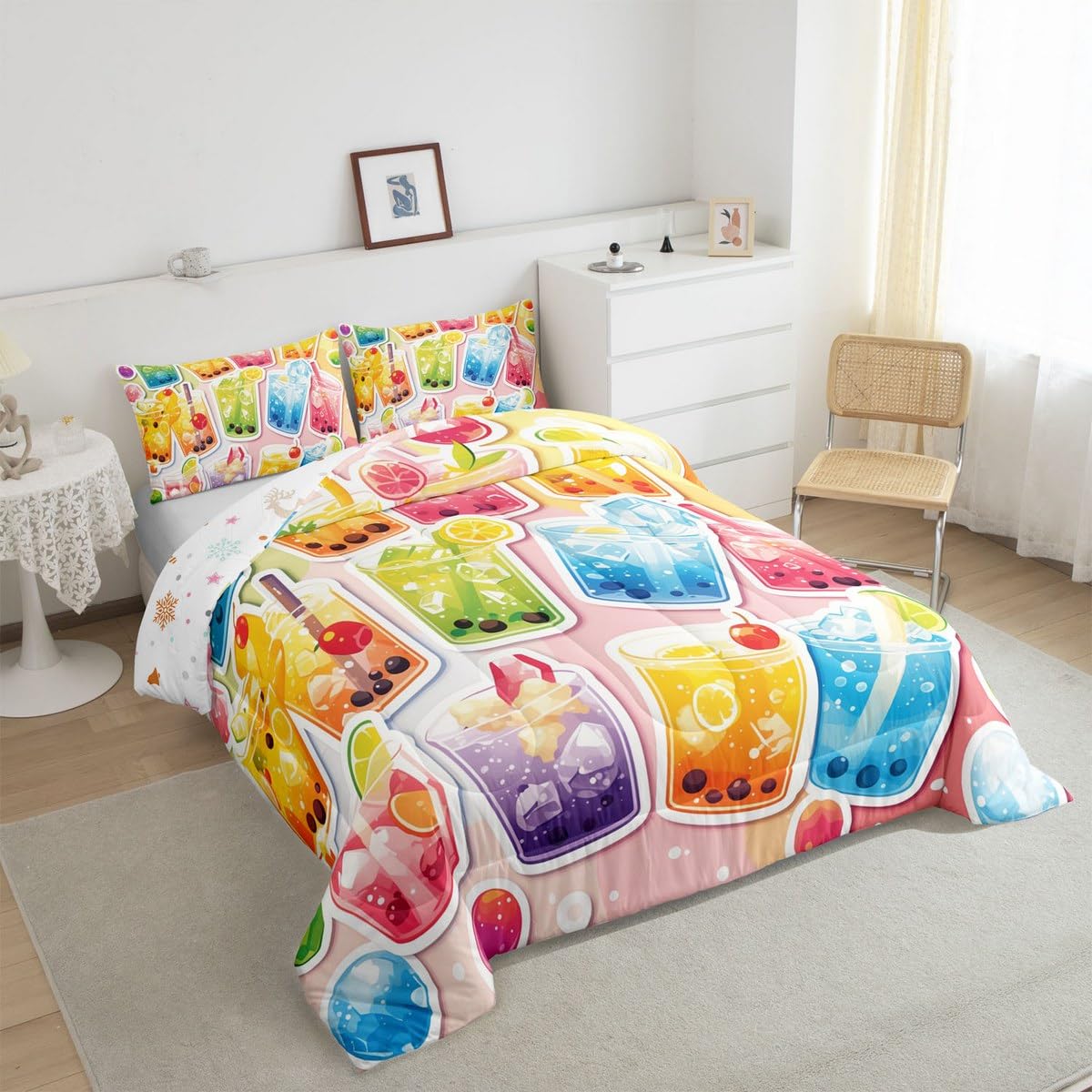 Erosebridal Kawaii Boba Tea Bedding Set Queen Size,Bubble Tea Comforter Set Funny Gifts for Kids Teen Girls,Fruit Print Quilt Bed Set Cute Rainbow Bed Comforter Sets with 2 Pillowcases Room Decor