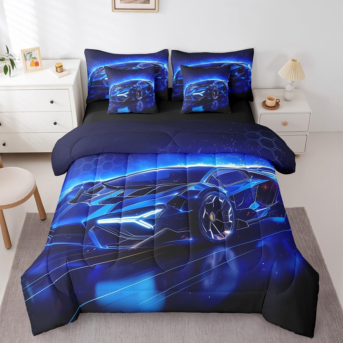 Feelyou Kids Boys Sports Car 7 Piece Bedding Set Full Size Blue Race Car Comforter Set with Sheets for Kids Teens Boys Girls Extreme Sports Theme Bed in a Bag Speed Luxury Car Bed Set