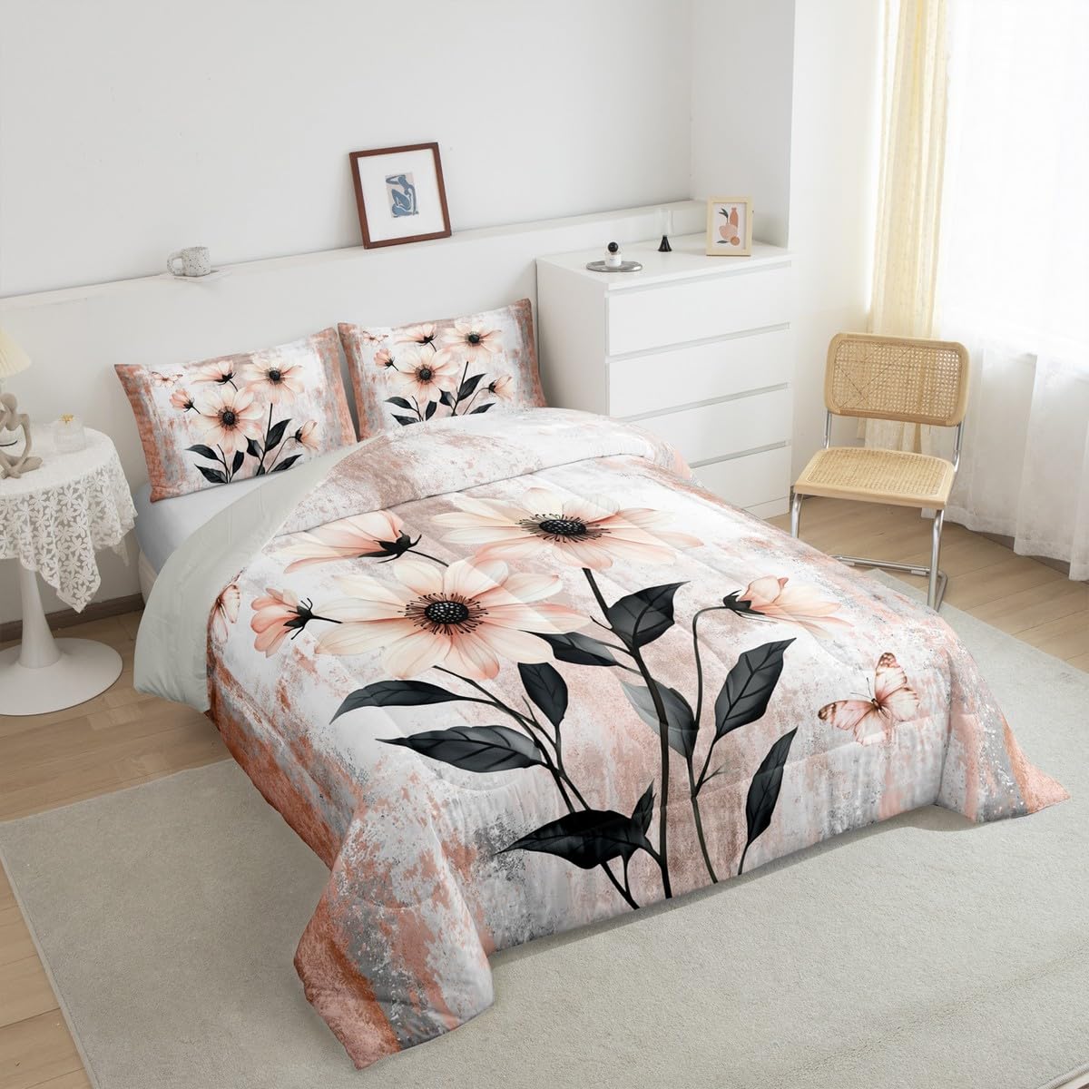 Erosebridal Watercolor Daisy Flowers Queen Comforter Set Abstract Oil Painting Bedding Set Rustic Farmhouse Bed Set Ombre Orange Grey White Quilt Set