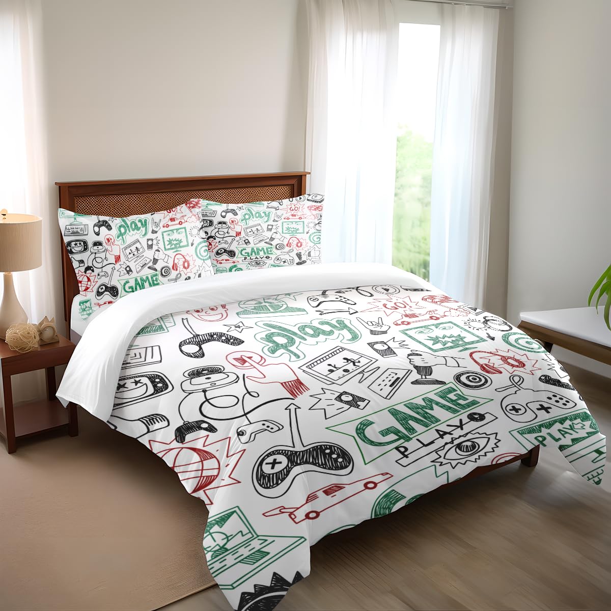 Vichonne Game Comforter Sets for Boys Teen Twin Size,Kids Video Games Bedding Set Sketch Style Athletic Racing Game Design Bedroom Home Decor