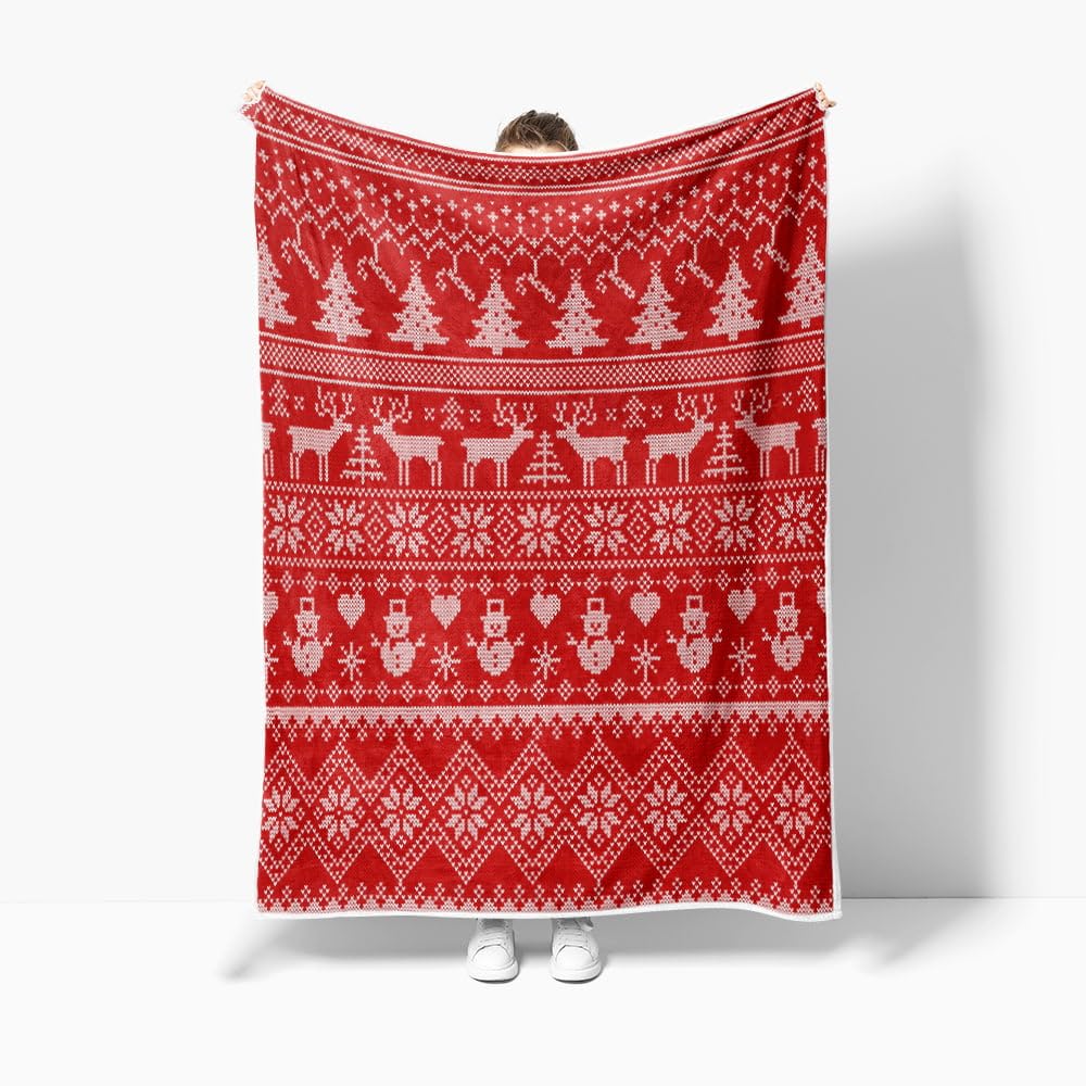 Christmas Weighted Thick Throw Blanket for Couch, Red Winter Snowman Reindeer Snowflakes Christmas Tree Candy Cane Soft Chunky Fleece Flannel Blanket for Bed Office (50X60 Inches)