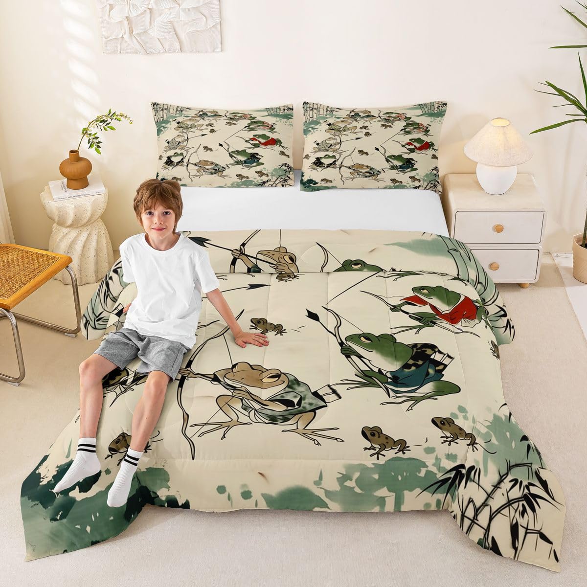 jejeloiu Funny Frog Bedding Set Soft for Boys Girls, Japanese Comforter Set Queen Size Asian Style Duvet Quilt Microfiber Animal Print Bedroom Decor 3 Pcs with 2 Pillow Cases