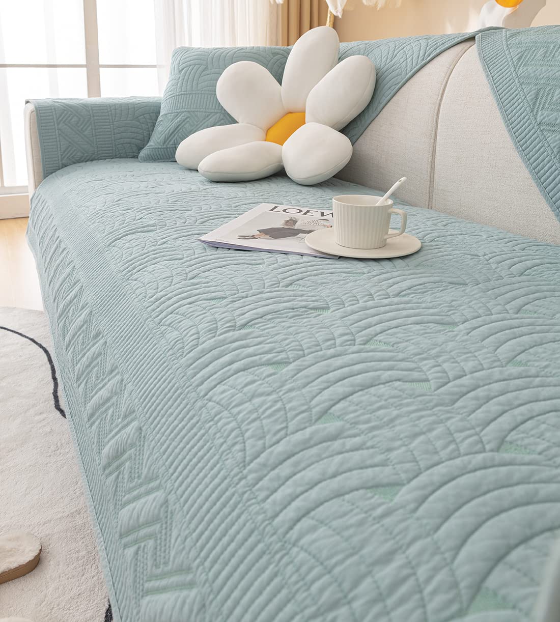 XSlive Farmhouse Cotton Quilted Sofa Cover Weave Pattern Embroidery Sectional Couch Cover Soft Nonslip Sofa Slipcover Furniture Protector Cover for Pets Kids Children Dog Cat (Light Blue,28"x28")