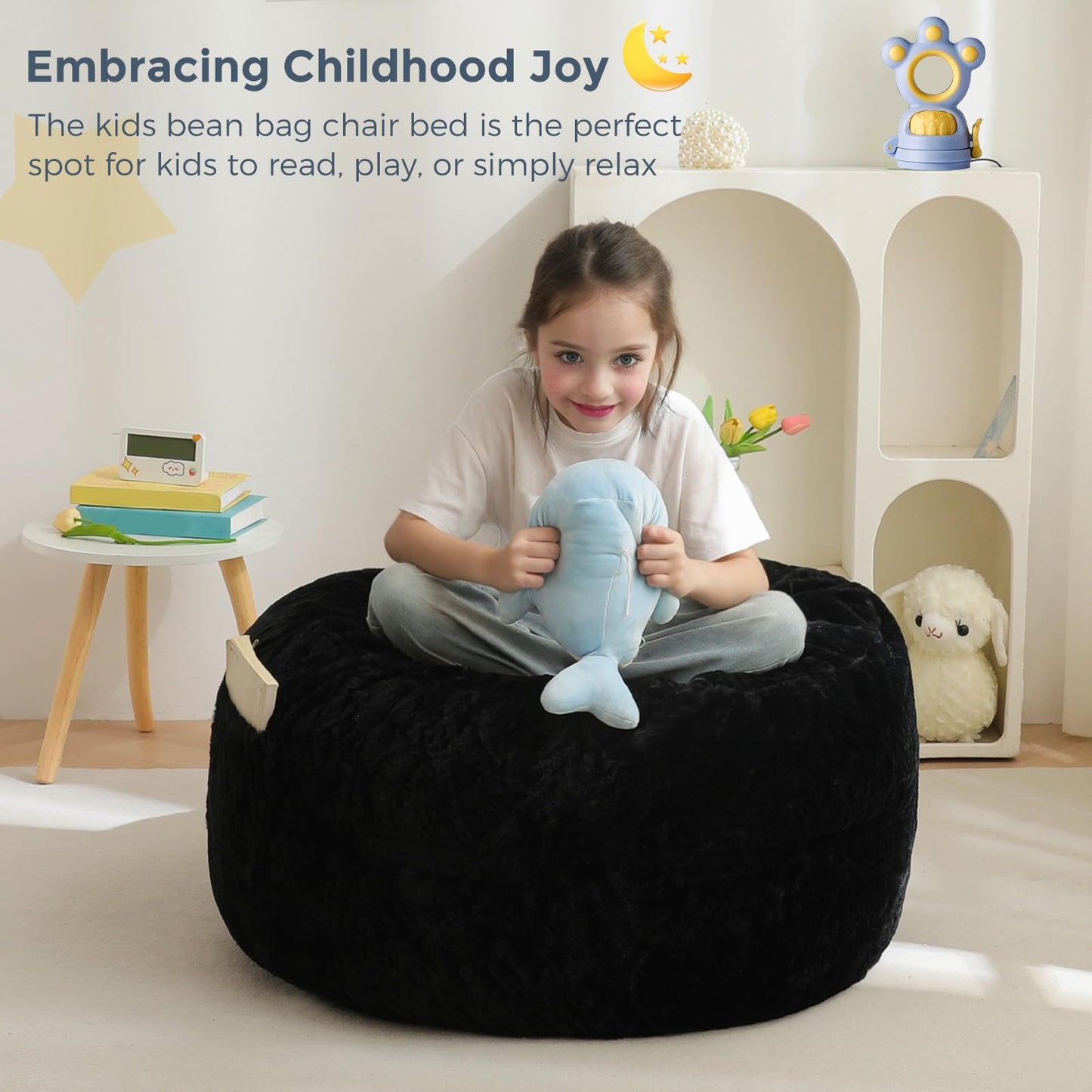 MAXYOYO Bean Bag Chair Bed for Kids, Convertible Bean Bag Folds from Lazy Chair to Floor Bed, Stuffed Floor Sofa Couch Sofa Bed for Boys and Girls, High-Density Foam Filling, Black