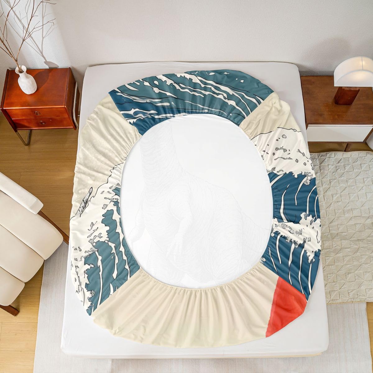 Feelyou Dinosaur Monster Bedding Sheets Full Japanese Ukiyoe Theme Bed Sheet Set for Adult Kids Cool Animal Fitted Sheet Asian Anime Bed Cover 3Pcs,1 Fitted Sheet+2 Pillow Sham（No Flat Sheet）