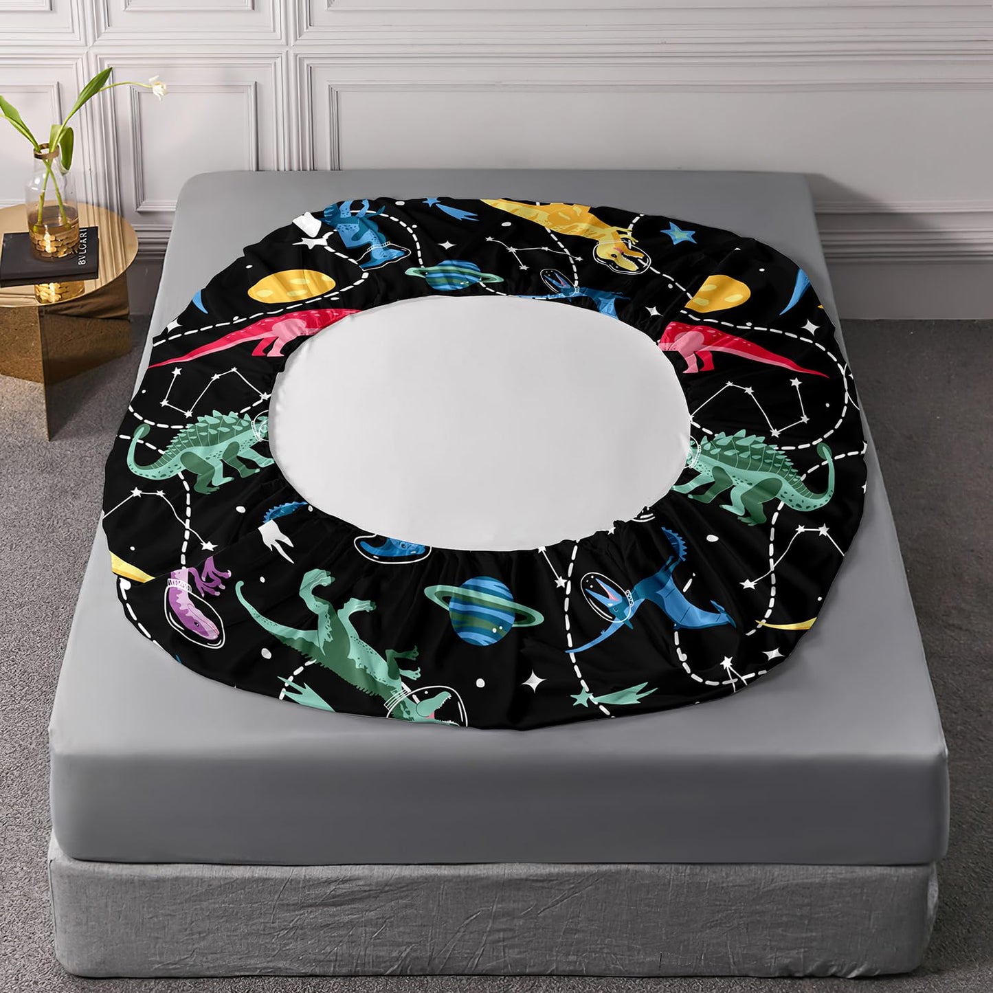 AILONEN Space Dinosaur Fitted Sheet Set Twin Size,Kids Boys Colorful Dinosaur Sheet Set,Galaxy Rocket Fitted Sheet with 2 Pillowcases,3 Pieces Soft Black