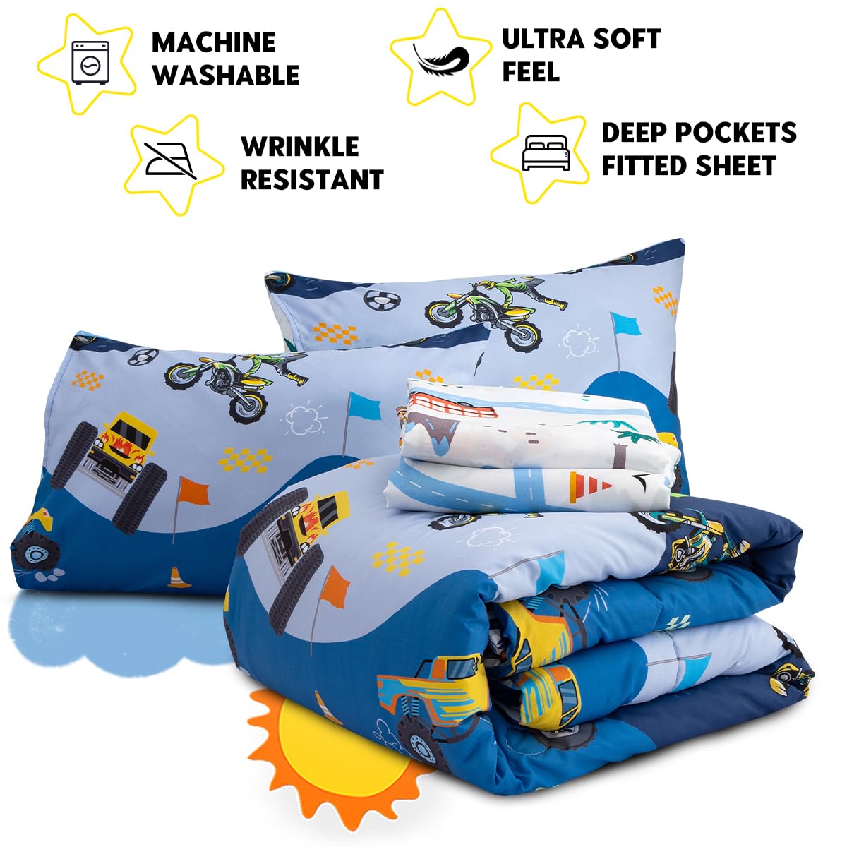 Holawakaka Trucks Tractors Cars Boys 5-Piece Bedding Comforter Sheet Set,Twin Size Cartoon Construction Car Excavator Print Kids Bed in A Bag, Excavator Mixer Truck Printed Bed Sets(Light Blue Twin)