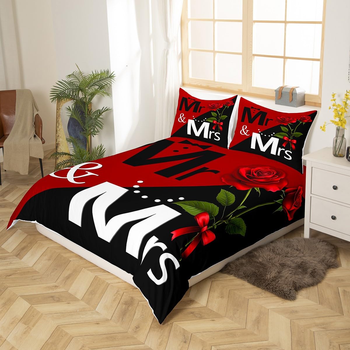 Mr Mrs Duvet Cover Set Queen Size, Love Man Women Romance Bedding Set 3pcs for Lover Couple Valentine Day, Red Rose Flower Print Comforter Cover Black Red Quilt Cover with 2 Pillowcases,No Comforter