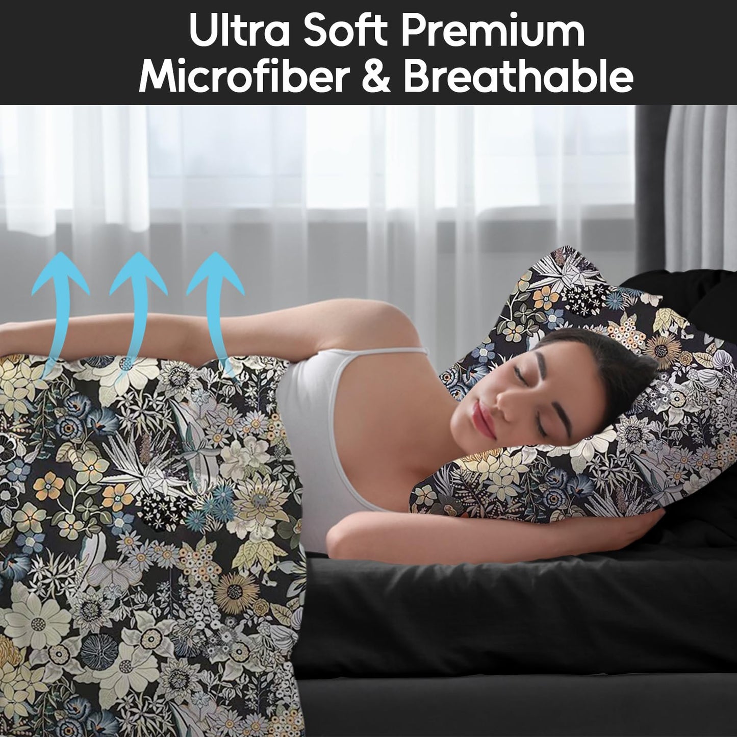 LONAVA Flower King Size 6 Pcs Sheet Set, Breathable Microfiber Deep Pocket Black Fitted Sheets, Comfy & Breathable Patterned Flat Sheets,4 Gentle Soft Pillowcases, Midnight Blossoms