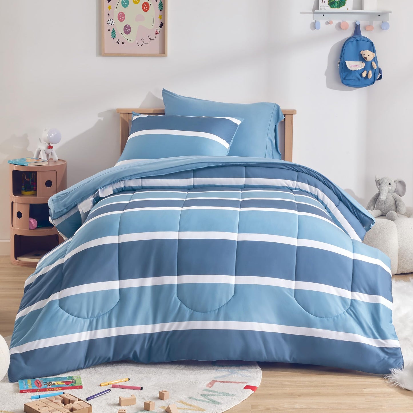 SLEEP ZONE Kids Comforter Set Full/Queen Size, Jersey Knit 7 Pieces Bedding, Super Soft and Breathable Comforter with Sheets, Pillowcases (Blue-Navy Stripe)