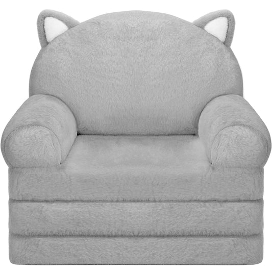 MONKISS Kids Couch, Comfy Toddler Chair, 2 in 1 Fold Out Kids Sofa, Baby Sitting Chair with Washable Cover, Toddler Furniture for Reading, TV and Playroom, Birthday Gifts, 1-4 Years Old, Grey Cat