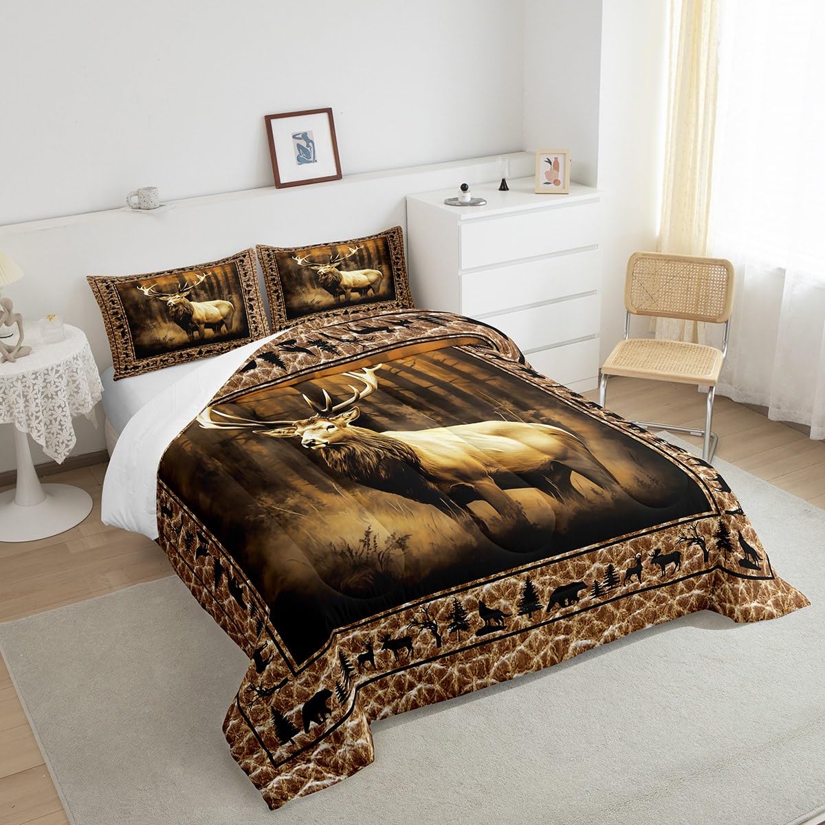 Manfei Deer Comforter Set Queen Size, Wild Animal Theme Bedding Set 3pcs for Kids Boys Teens Bedroom Decor, Black Elk Bear Wolf Trees Quilt Set Wildlife Hunting Duvet Set with 2 Pillowcases