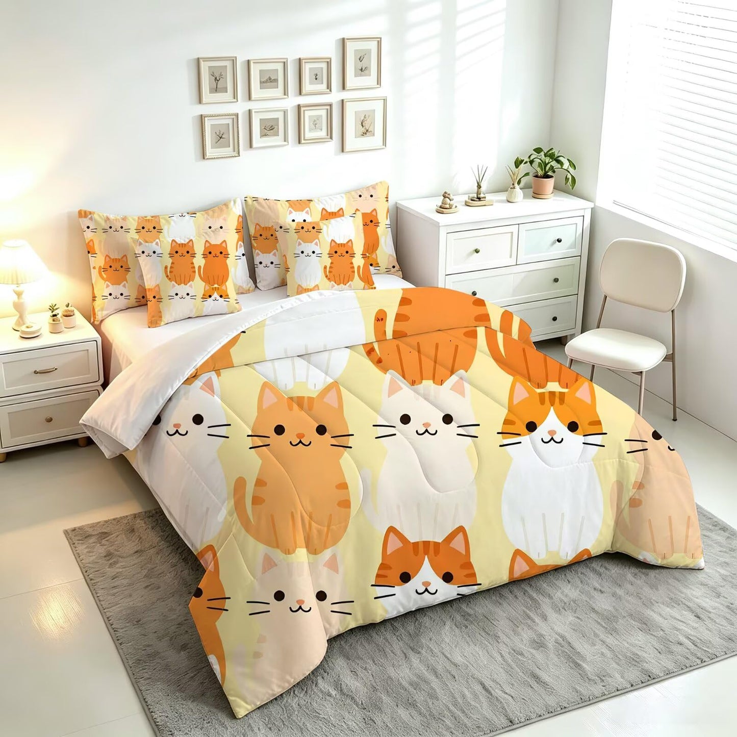 FUYEUN 7 Piece Cartoon Cute Cats Full Size Comforter Set for Girls Kids
