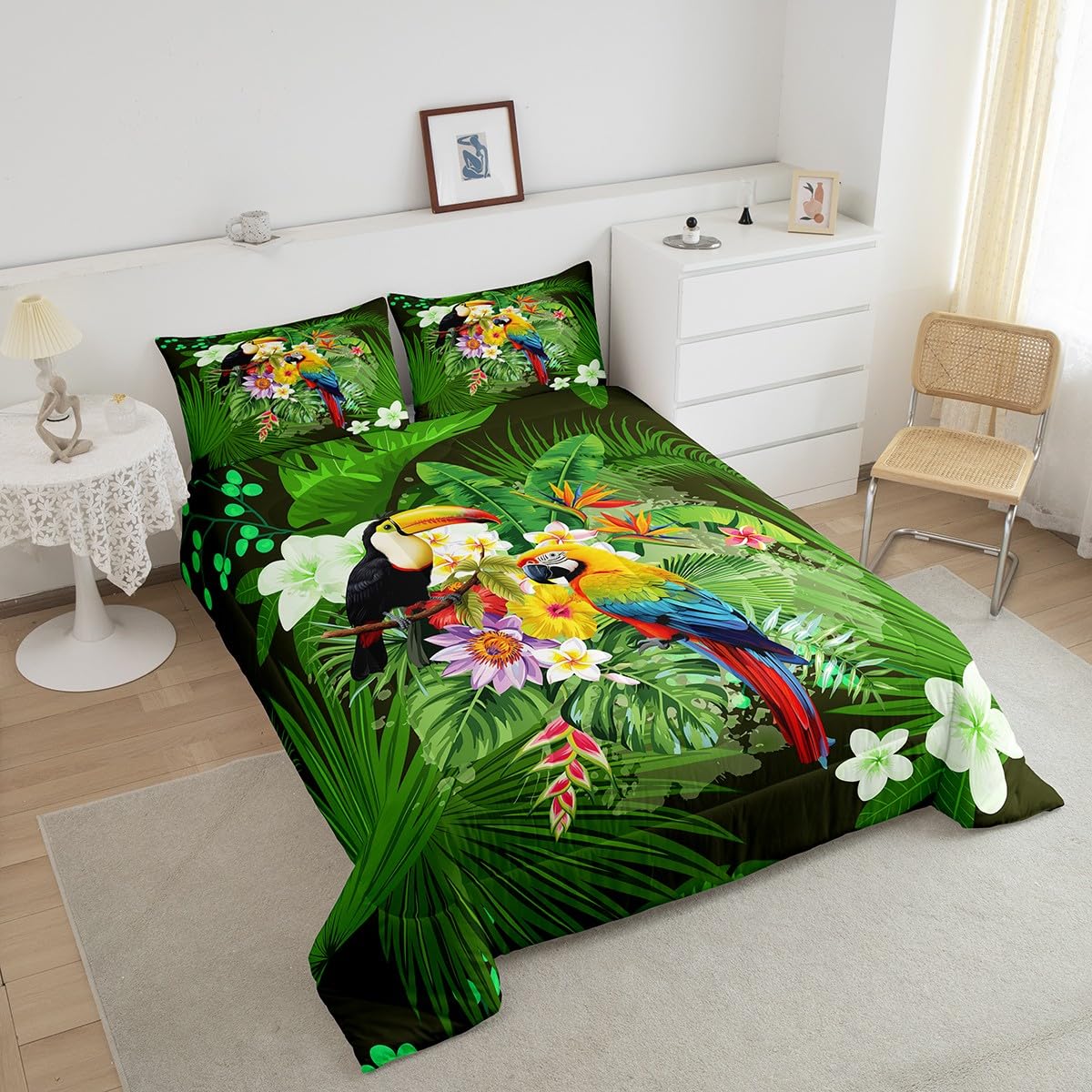 Toucan Comforter Twin Size Parrot Bedding Sets Safari Animals Comforter Set for Kids Girls Women Tropical Palm Leaf Floral Birds Fresh Nature Down Comforter with 1 Comforter and 1 Pillow Case Green